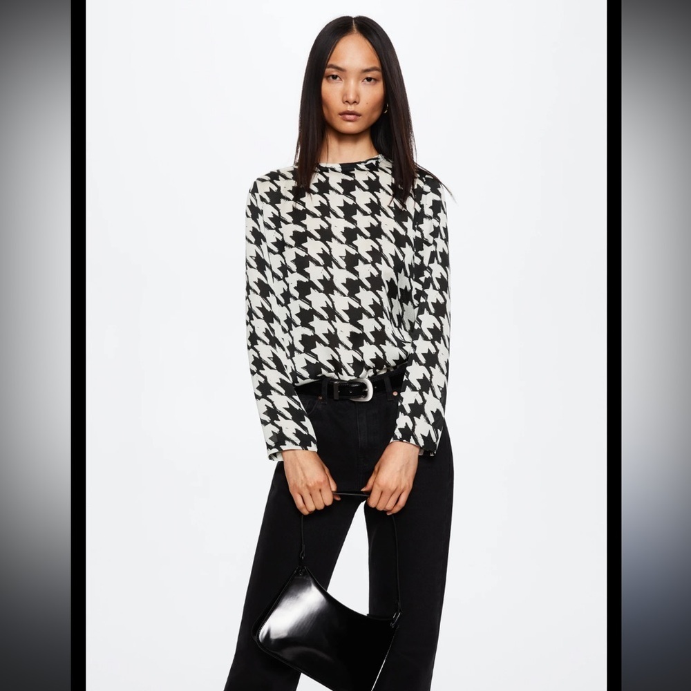 Mango Monochrome Houndstooth Blouse xs #business casual